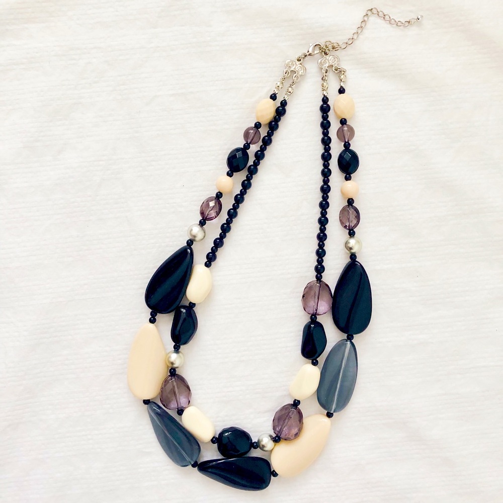 Black Cream Purple Grey Silver Layered Multistrand Bead Statement Necklace